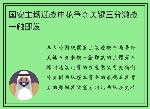 国安主场迎战申花争夺关键三分激战一触即发